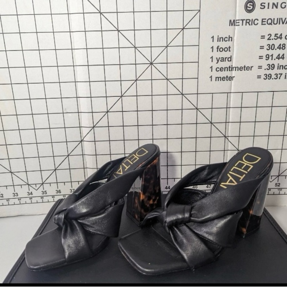 NEW - Size 6M Women's Deltan Puffy Black Leather Granite Platform Heeled Sandals - Picture 2 of 7
